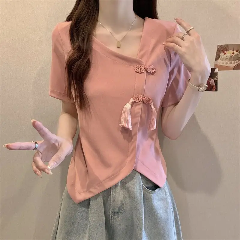 Women Summer Chinese Style Simplicity Loose Frog Solid Color V-neck Short Sleeve T-Shirt Women Clothes Casual All-match Top Tee