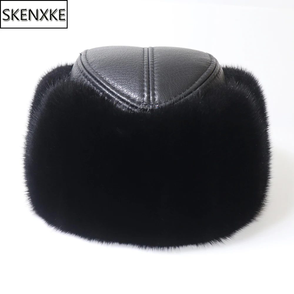 Men Winter Outdoor Keep Warm Real Mink Fur Bomber Hat 100% Natural Sheepskin Leather Cap Russian Male Genuine Muskrat Fur Hats