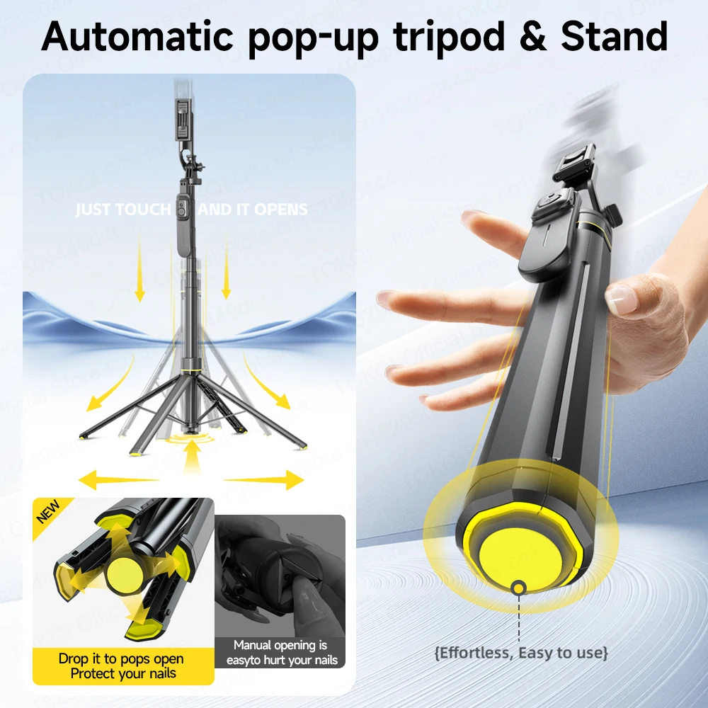 TOKQI Auto Pop Open Tripod 71.21in عصا سيلفي قابلة للتمديد كوادرابود ثابت لتصوير كاميرا الحركة للهاتف المحمول، خيار ملء الضوء