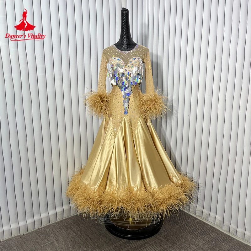 الكبار والطفل الرقص الاجتماعي الترتر الديكور ريشة نمط كبير سوينغ فساتين مخصصة النساء الفالس أداء الملابس حيوية الراقصة