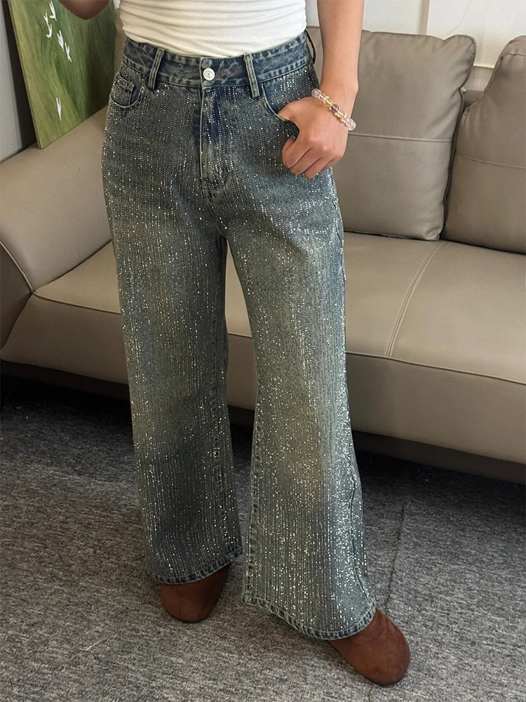 Shiny American High Street Design Jeans Women's Sexy Sequin Splicing Drapey Floor-Length Pants High Waist Vintage Style