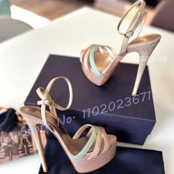 Nude Crystals Platform Sandals Women Iridescent High Stiletto Heel Pole Dancing Shoes Girl's Sexy Summer Glitter Evening Sandals