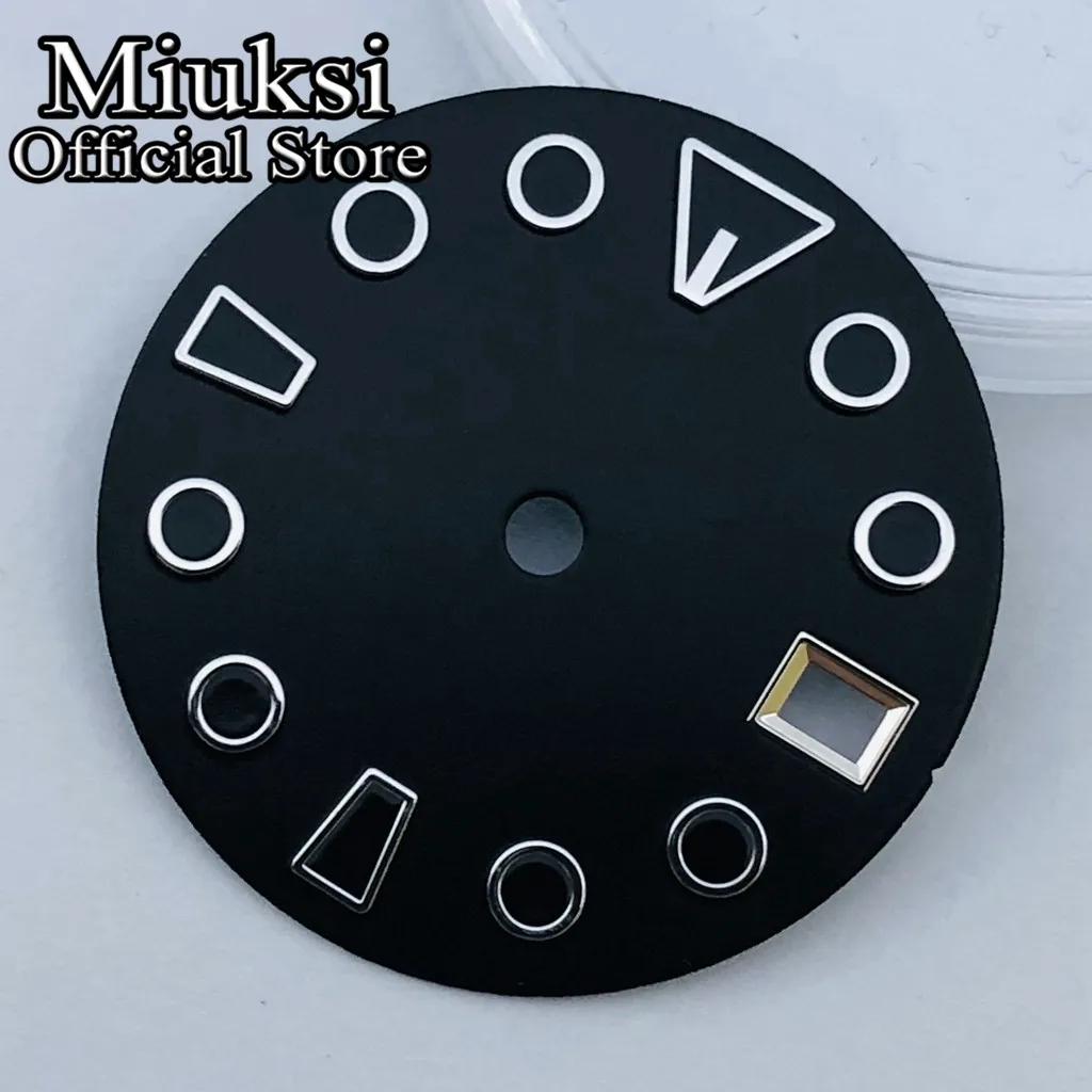 Miuksi 28.5mm black sterile watch dial fit NH35 movement fit 3 o'clock crown 3.8 o'clock crown