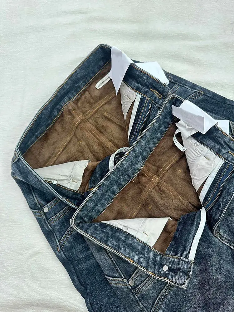 2025 겨울 플리스 안감 레트로 하이라이즈 루즈 플레어 진 여성용 논스틱 레그 빈티지 와이드 레그 편안한 스트레치 데님