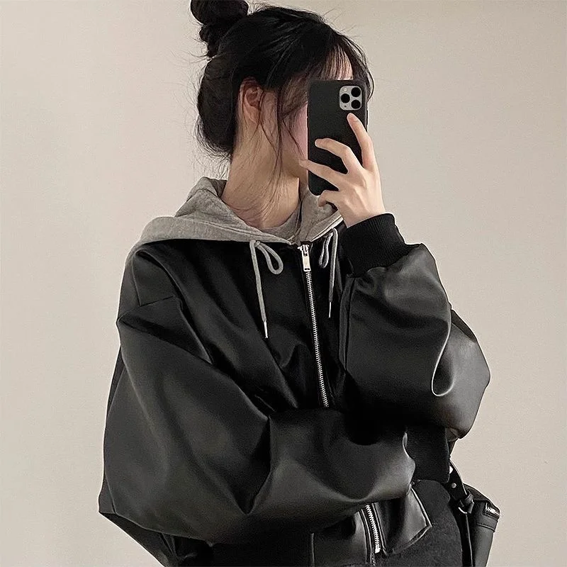 Casual Loose Faux Leather Jacket Women's Spring Autumn Winter Vintage Zipper Pocket Versatile Hat Design Polyester Fiber