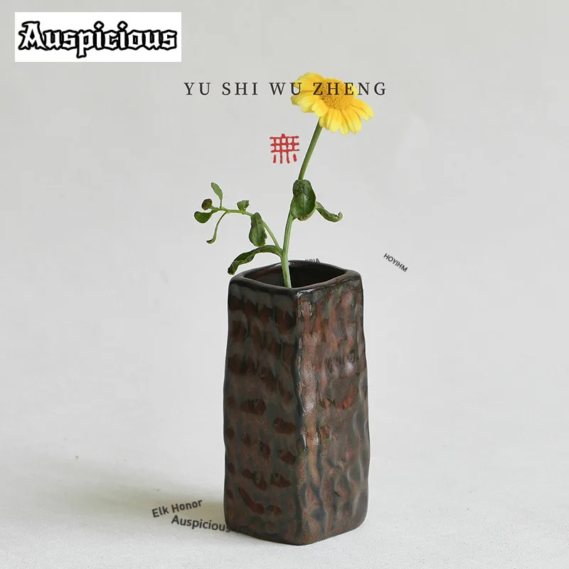 ZAEYORIA Chiraku-yaki Zen Hydroponic Flower Arrangement Coarse Pottery Decorative Vase Ornaments  Hammer Square Flower Vessel