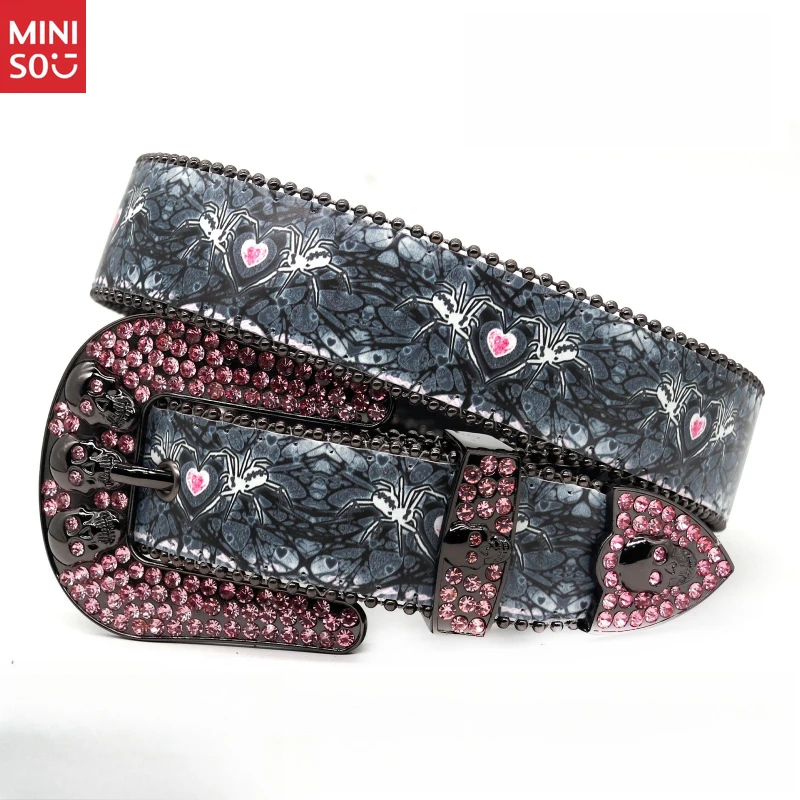 

Miniso Printed Rhinestone Skull Belt, Alloy Buckle Punk Waistband, Unisex Luxury Gothic
