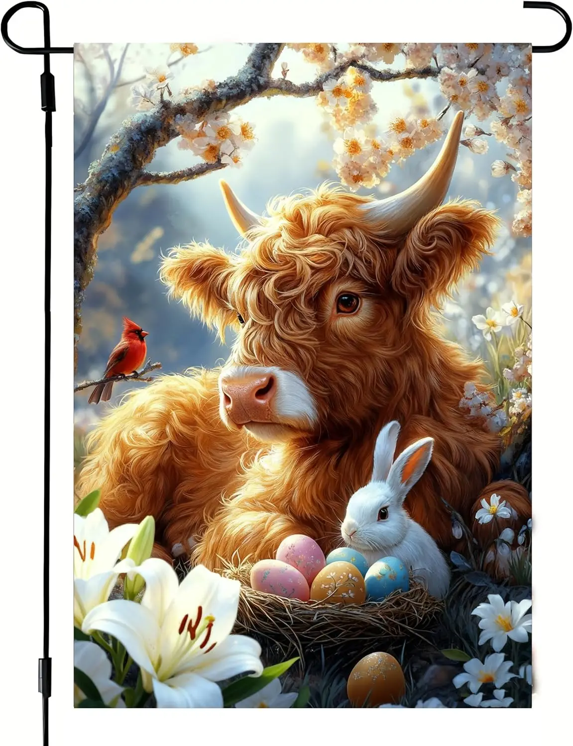 Easter Garden Flags for Outside 12x18 Double Sided, Small Burlap Farmhouse Bunny Highland Cow Garden Flag Easter Outdoor Dec AAS