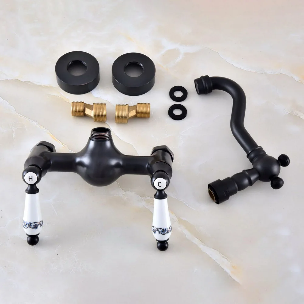 Black Oil Rubbed Bronze Wall Mounted Bathroom Kitchen Sink Faucet Swivel Spout Mixer Tap Dual Ceramics Handles Levers anf859