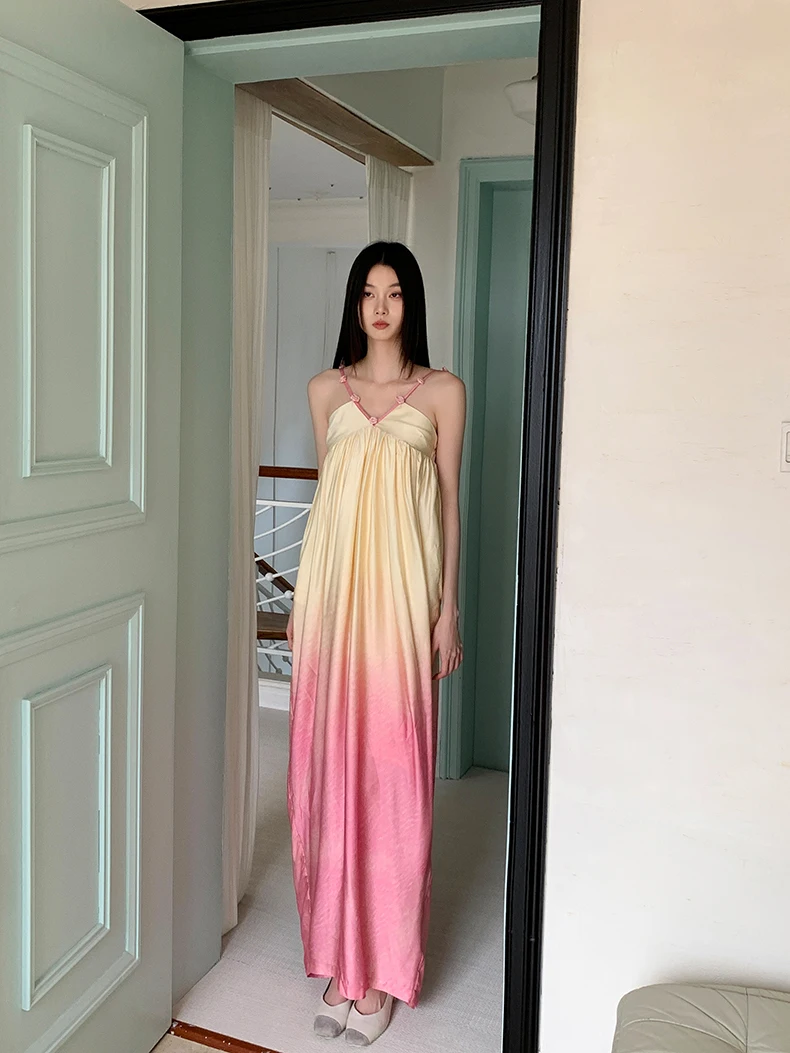 CHEERART Gradient Pink Vacation Long Slip Dress Women 2024 Summer V Neck Backless Bud Maxi Dress Birthday Clothes