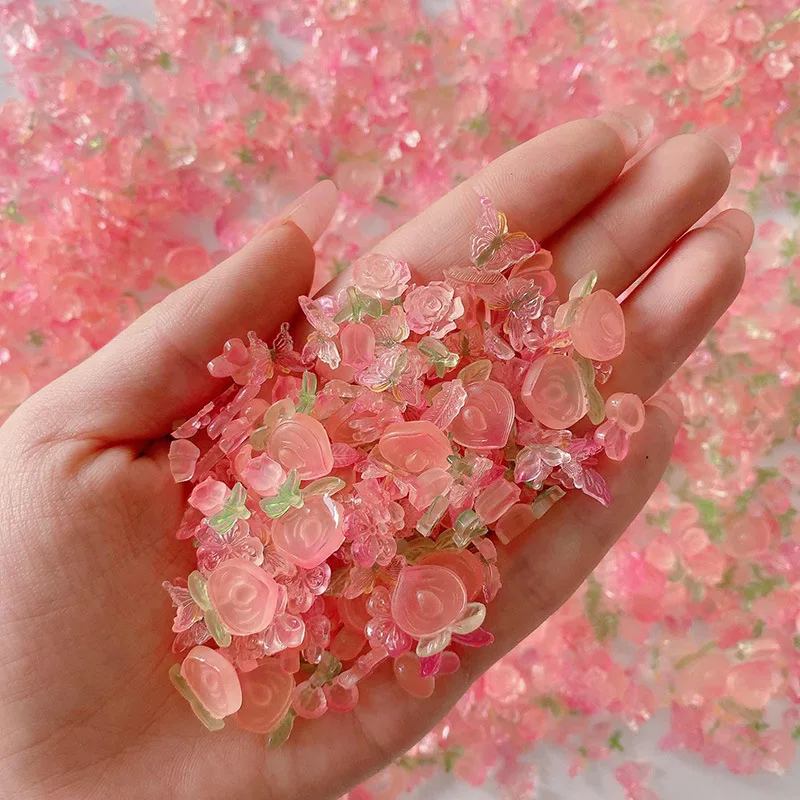 50pcs Sweet Honey Peach Series Resin Nail Art Charms 3D Pink Girl Nail Kawaii Decoration DIY Butterfly Bow Moon Nail Accessories