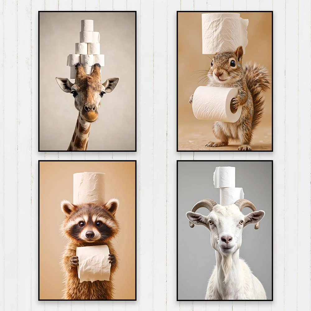 Divertida póster artístico de pared de baño, jirafa con rollo de papel higiénico en la cabeza, impresión Vintage, pintura en lienzo de animales, decoración de Humor de cabra