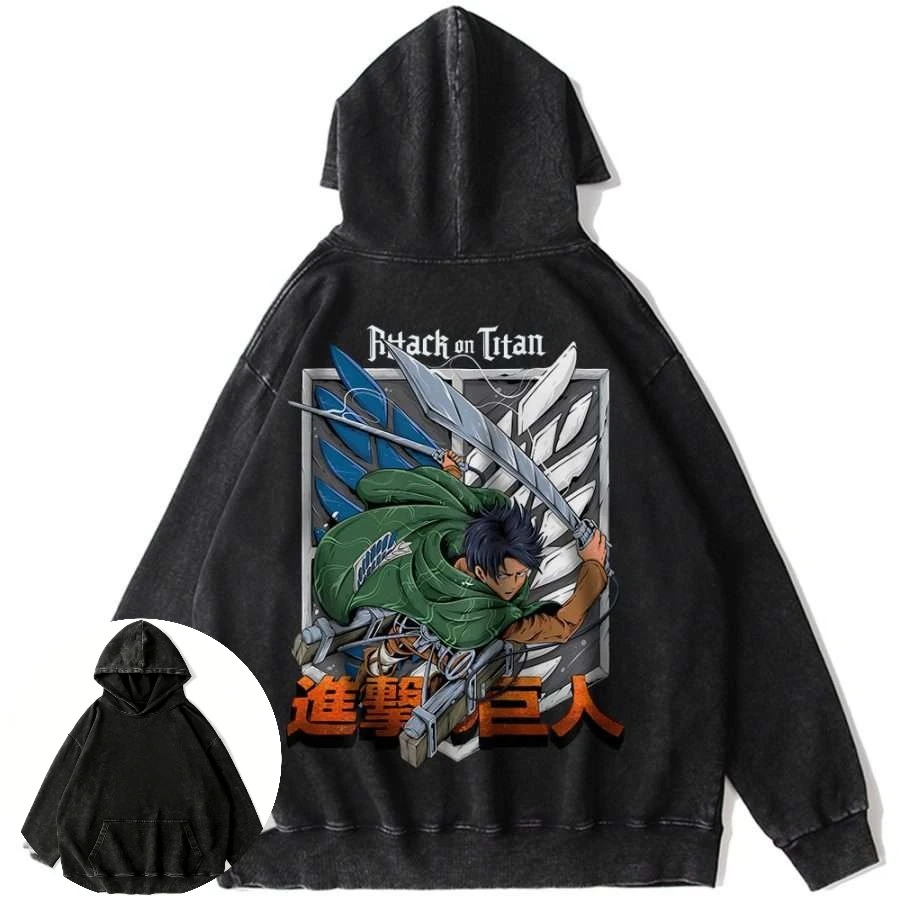 

Mens Vintage Washed Cotton Hoodie Attack on Titan Anime Levi Character Graphic with Sword and Wings Loose Y2K Hip Hop Streetwear