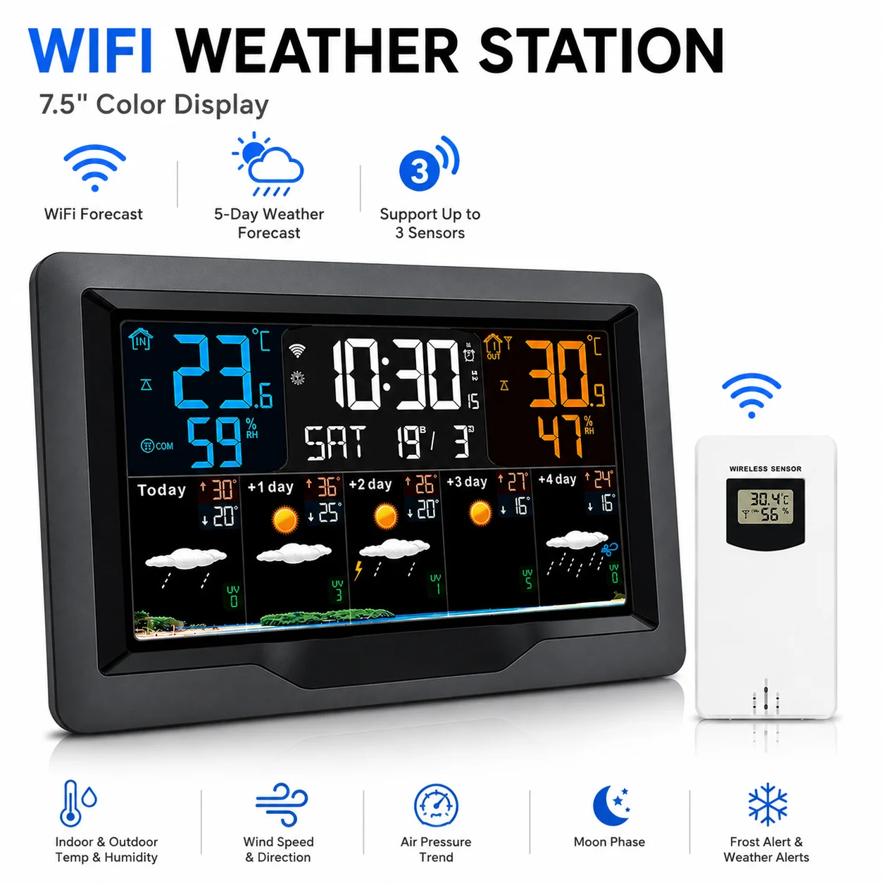 Station météo WiFi HOLDPEAK avec écran LCD de 7,5 pouces, thermomètre et hygromètre intérieur/extérieur avec prévisions sur 5 jours et capteur sans fil