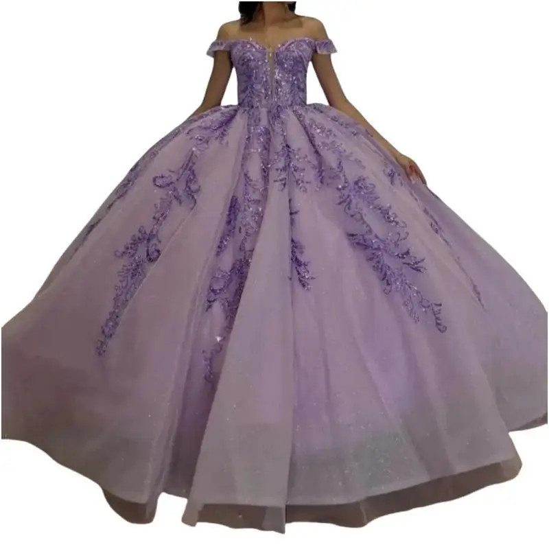 Aangepaste Lila Glanzend Prom Jurken Vrouwen V-hals Lovertjes Applique Puffy Rok 16 Jaar Meisje Verjaardagsfeestje Jurk Quinceanera