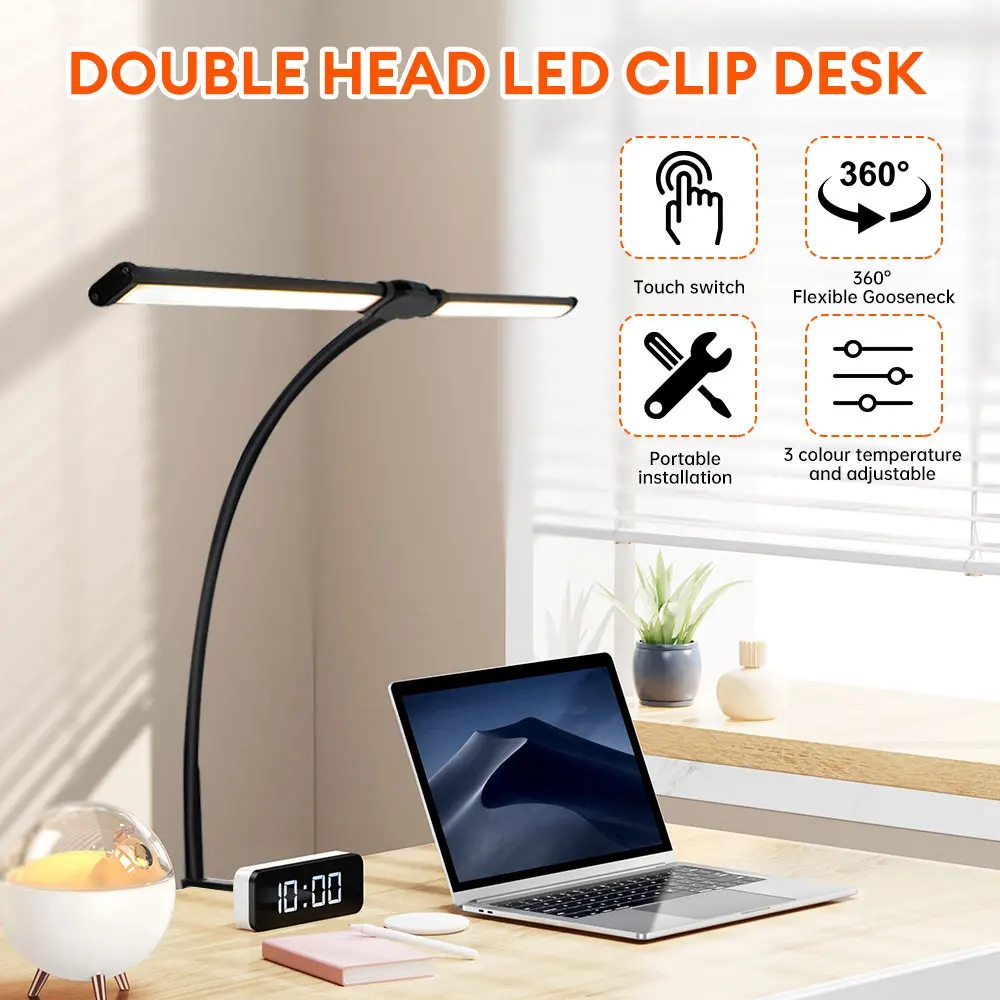 cabeca dupla led clip desk lamp eye protecao desk lamp brilho ajustavel flexivel gooseneck lampada para home office iluminacao 01