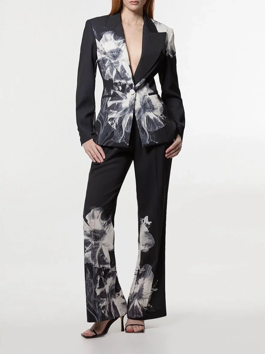 

Комплекты из двух предметов для похудения с принтом для женщин, комплект брюк с длинными рукавами и лацканами на пуговицах, женский новый комплект брюк с высокой талией