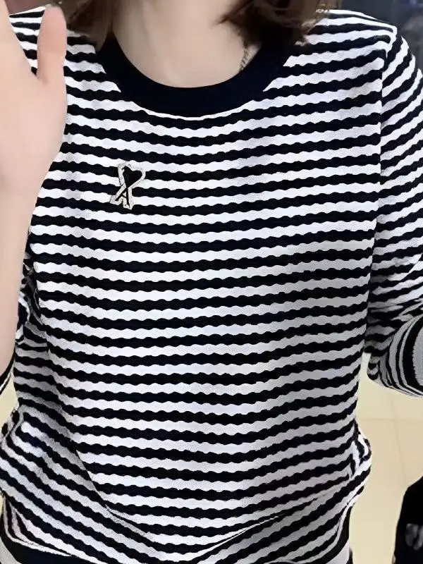 

Retro Striped Knitwear Women's round Neck Long Sleeve Thin Base Layer Top Spring Autumn Black White Color Block Sweater