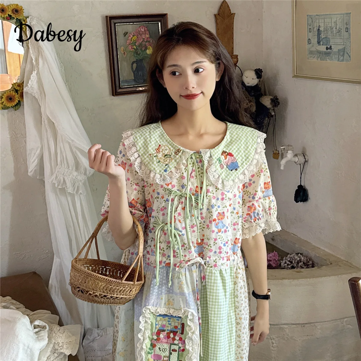 Vintage Green Plaid Patchwork Cotton Linen Dress Women Summer Japan Peter Pan Collar Lace-up Kawaii Dress Casual Female Vestidos