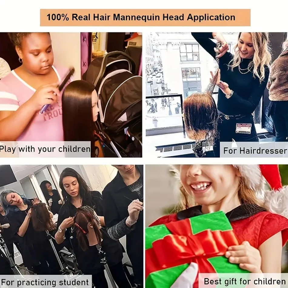 Headdoll Mannequin Head With 100% Real Hair for Cosmetology Manikin 16Inch Black Doll Head For Hairstyle Professional Training image 6