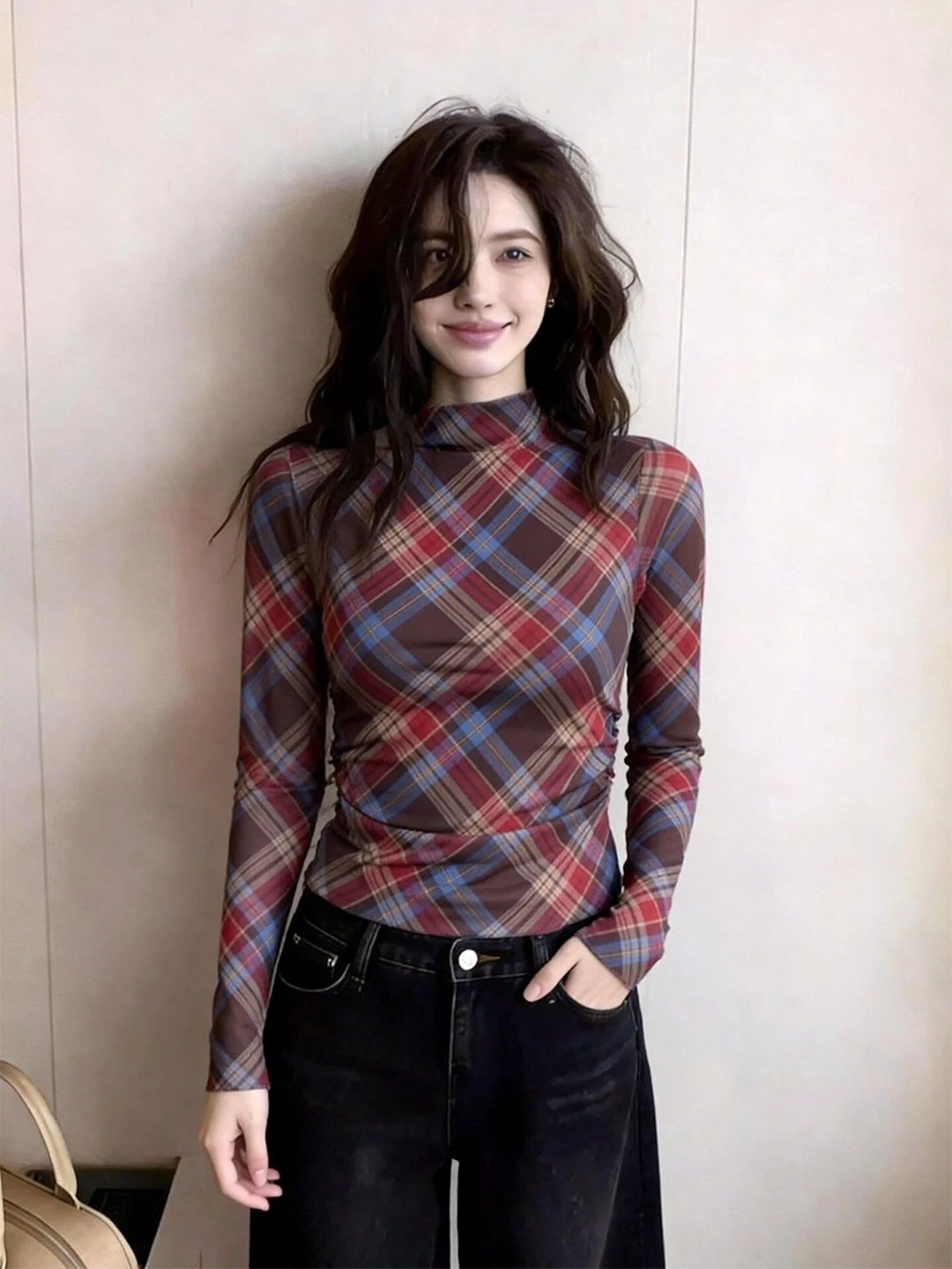 Spicy Girl Plaid Half High Collar Long Sleeve T-Shirt Women's Slim Fit Inner Mesh Cover Shirt Top Casual Style High Waist