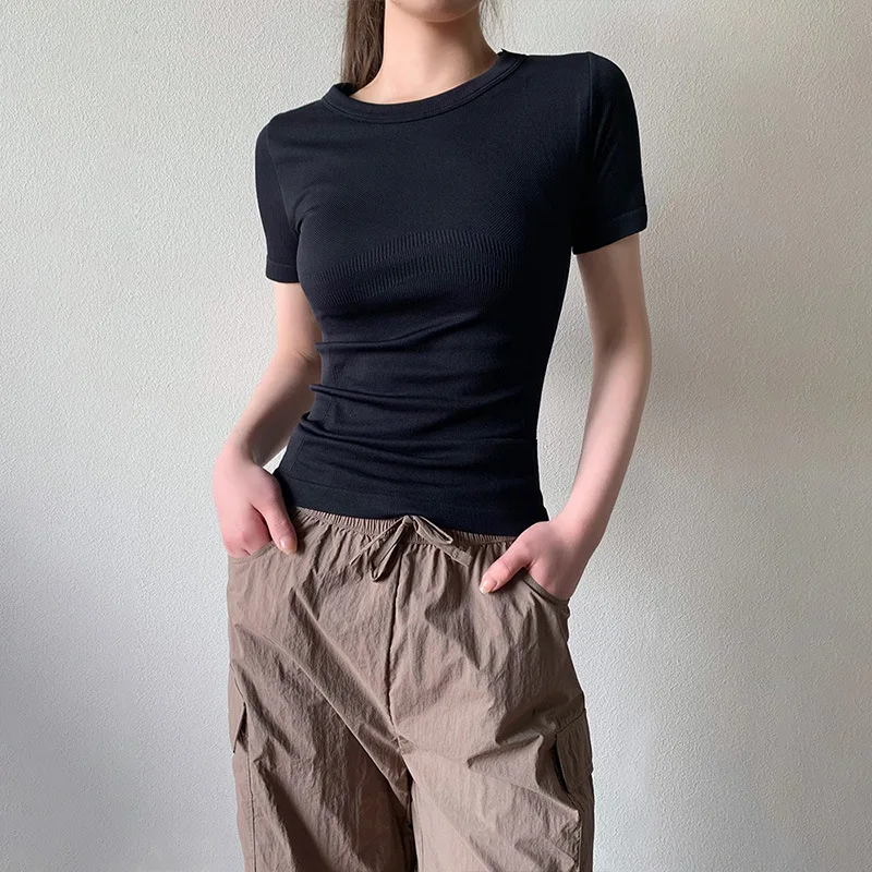 シームレスヨガトップス女性速乾性半袖ジムワークアウトピラティスシャツ通気性スリムフィットトレーニングランニングアスレチック-tシャツ