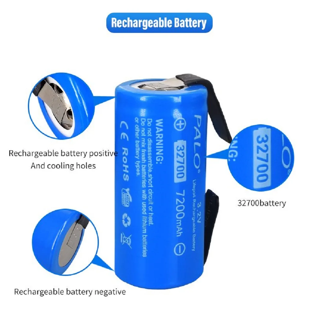 PALO High Capacity 3.2V 32700 7200mAh LiFePO4 Battery 35A Continuous Discharge Maximum High Power Batteries+Nickel sheets