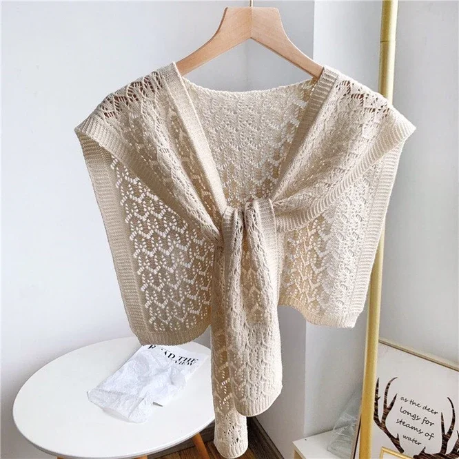 Fashion Korean Knot Knitted Shawl Female Hollow Out Skirt Shirt Shawl Spring Autumn Shoulder Net Red Scarf Shawl