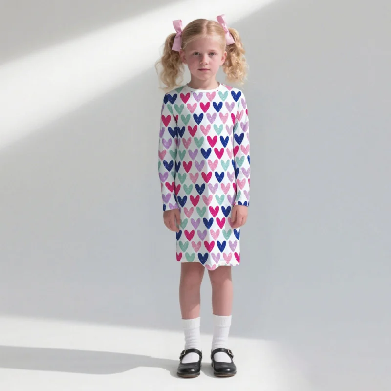 2025 Girl's Heart Print Crew Neck Casual Daily Versatile Dress