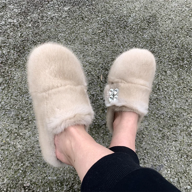 Winter High-end Fur Slippers New Women\'s Mink Fur Slippers Indoor Warmth Baotou Slippers Home Casual Rhinestone Lace Up Gift