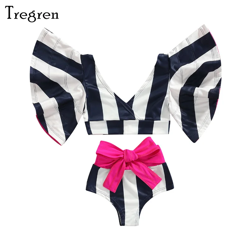 Tregren 1-6Years Kids Girls Bikinis Set Lemon Starfish Stripe Baggy Sleeve Swimsuit Summer Swimwear Bathing Suit Beachwear