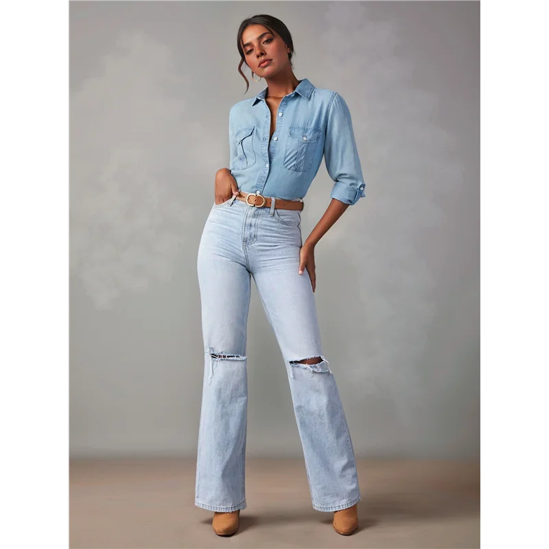 Mulheres bolsos duplos emendados decoração denim camisa jaqueta único breasted lapela casual feminino topos