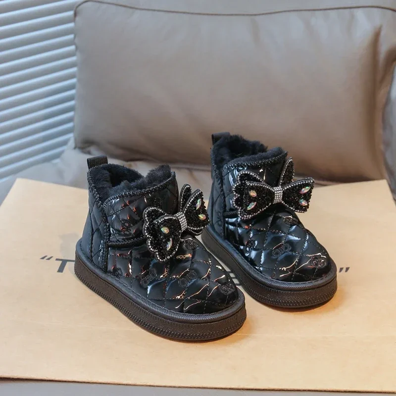 Toddler Girls Winter Snow Boots, Sparkly Rhinestone Bow, Quilted Upper, Fleece Lined, Non Slip Sole for Cold Days