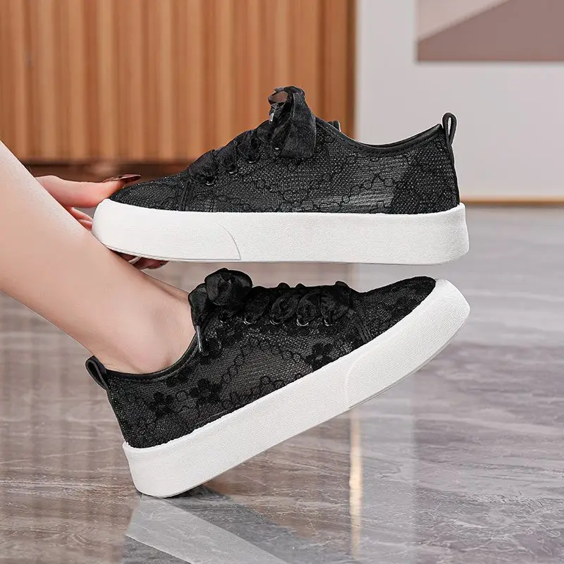 

​Women's Casual White Sneakers 2025 New Breathable Mesh Thick Sole Lace Hollow Out Flat Shoes Summer Must Have​