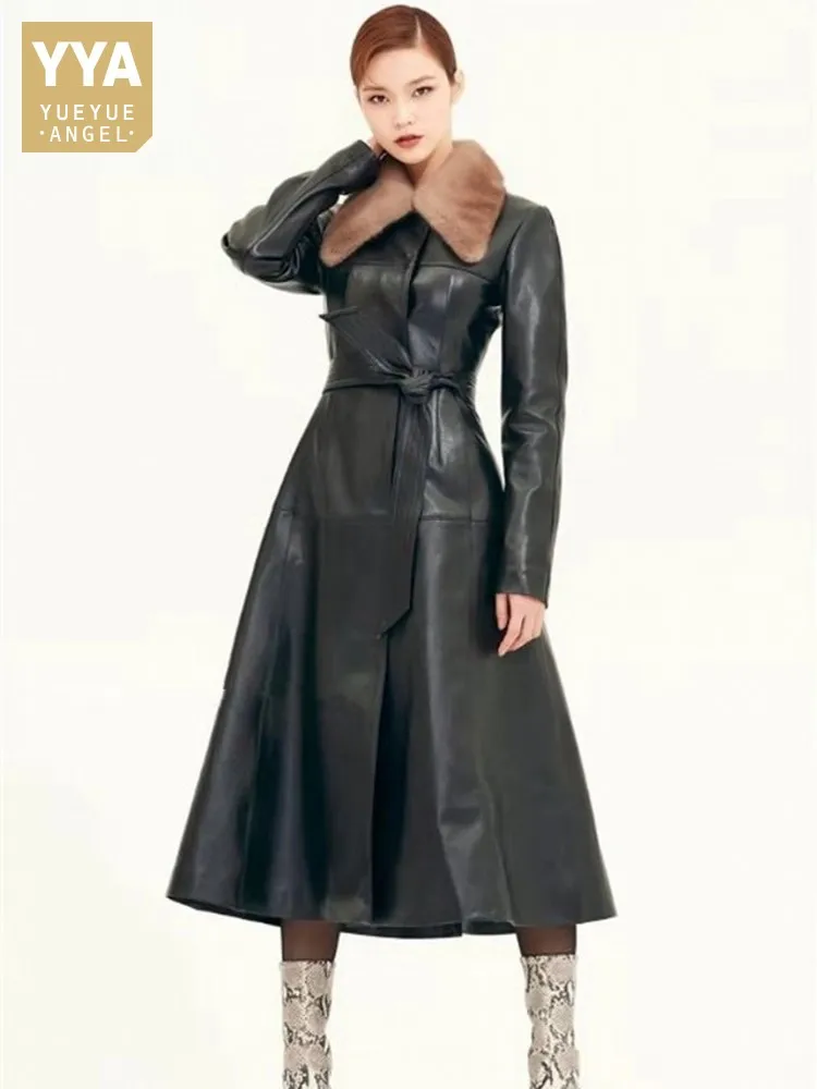 New Elegant Women Long Trench Coat Luxury Mink Fur Collar Genuine Leather Jacket 100% Real Sheepskin Belted Slim Fit Windbreaker