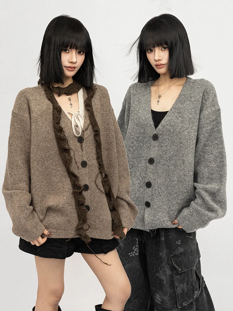 

OCTTFLAB Американский ретро-кардиган с V-образным вырезом, коричневый, вязаный, на осень-зиму, свободный, теплый, в стиле оверсайз, для женщин