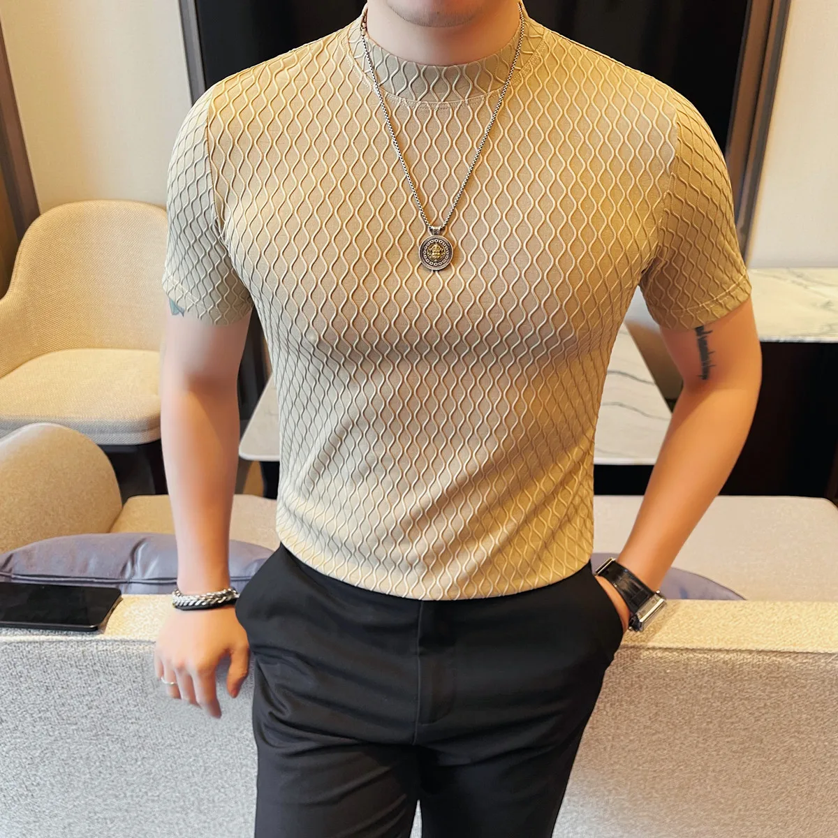 Summer Short Sleeve T-shirt Men Slim Fit Solid Color Base Shirt Elastic Ice Silk Casual Business Tee Tops Round Neck Streetwear