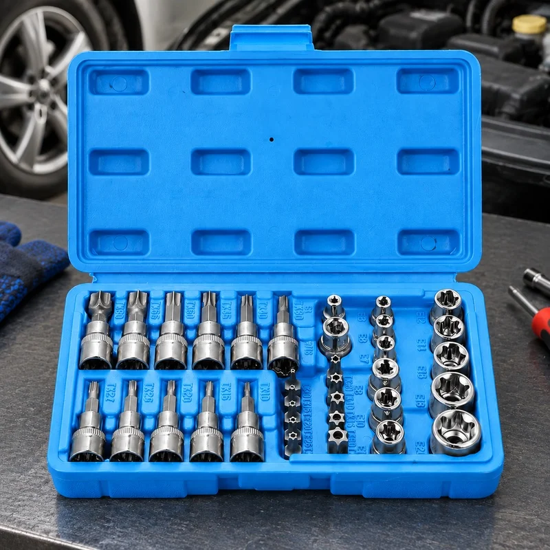 kit-completo-de-34-pecas-de-chaves-torx-e-de-estrela-para-automoveis-com-pontas-macho-e-femea-encaixe-de-1-4-3-8-e-1-2-acompanha-estojo-organizador