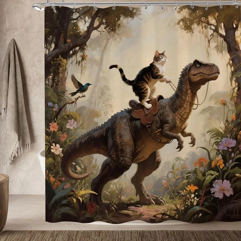 Fantasy Jungle Cat Riding T Rex Shower Curtain No Drilling Flower Leopard Print Bathroom Decor Set With 12 Hooks