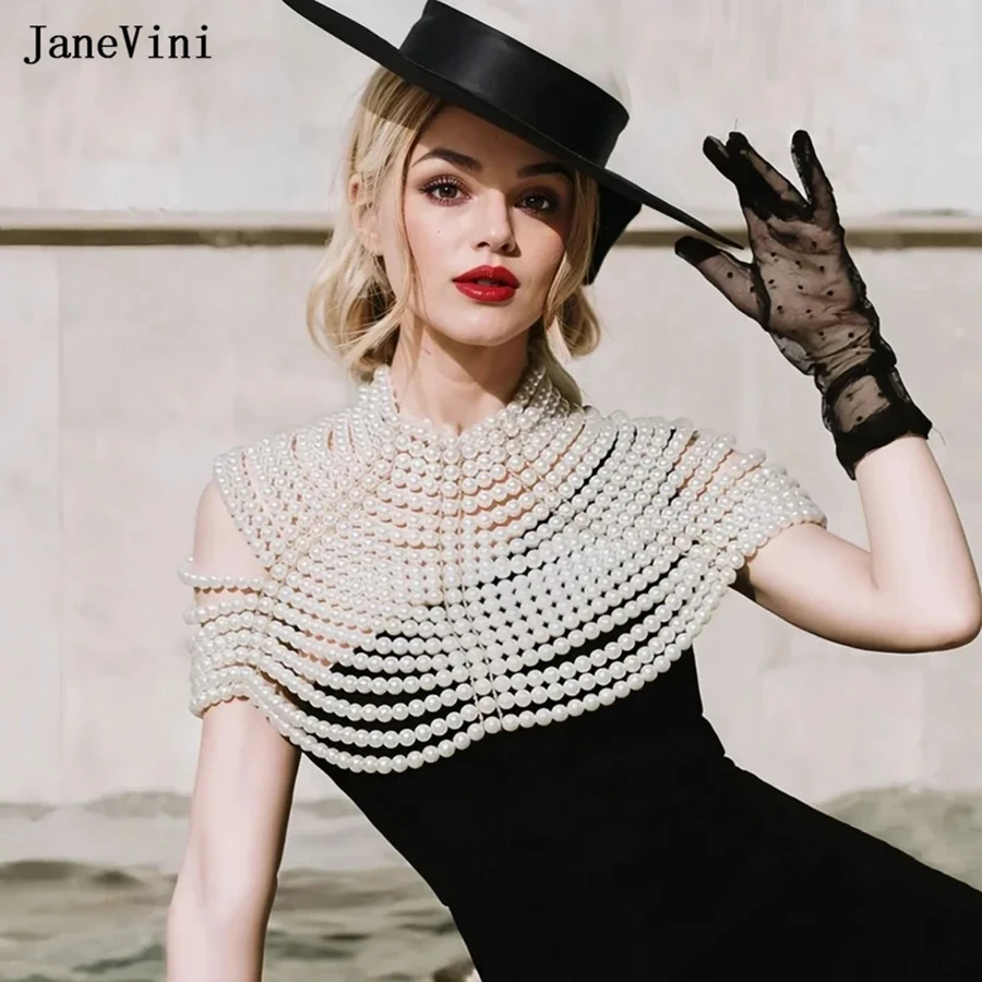 JaneVini New Pearls Body Chain Boho Bridal Necklace Bolero Women Layered Shoulder Chain Sexy Backless Wedding Party Accessories