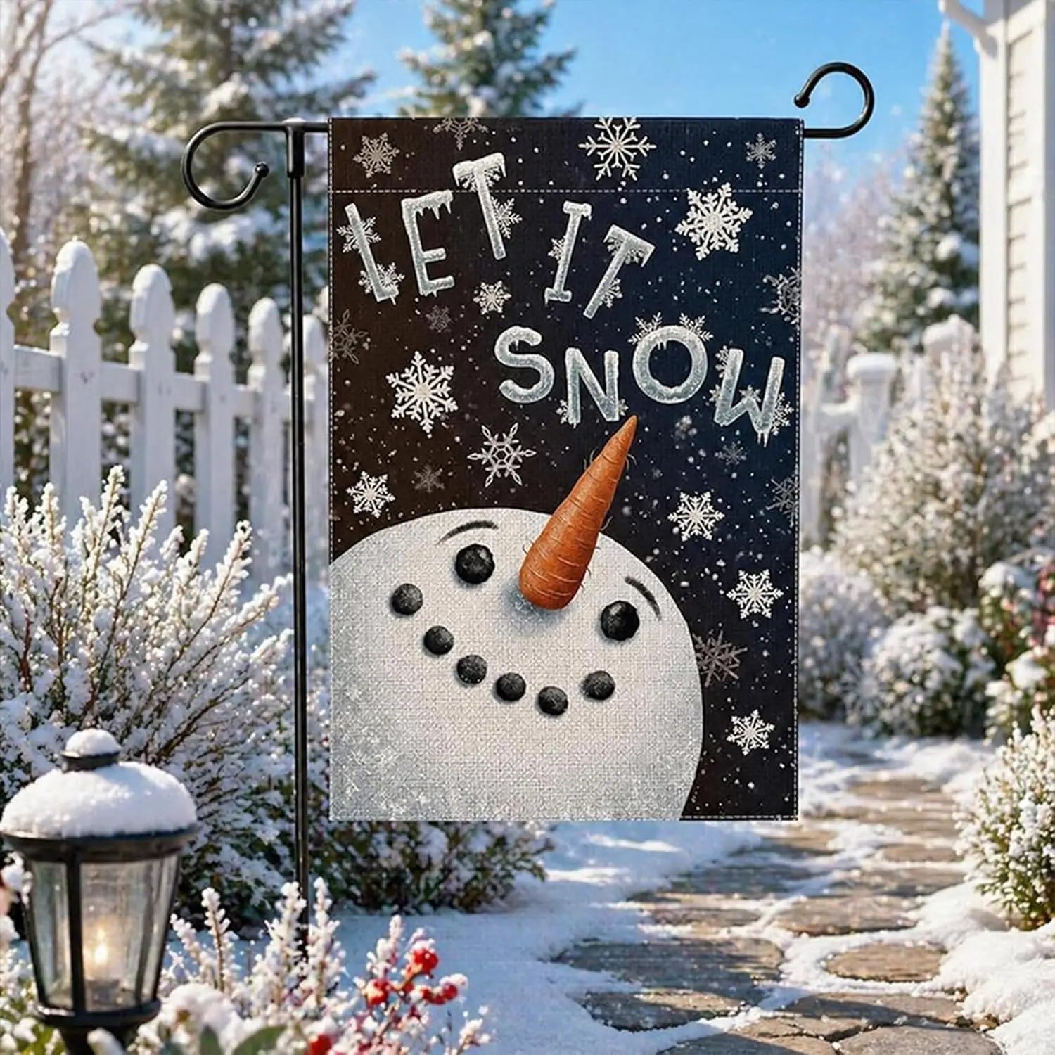 Black Let It Snow Snowman Snowflake Garden Flag 12 x 18 Inch Double Sided, Christmas Winter Holiday Yard Outdoor Decorative  PPZ