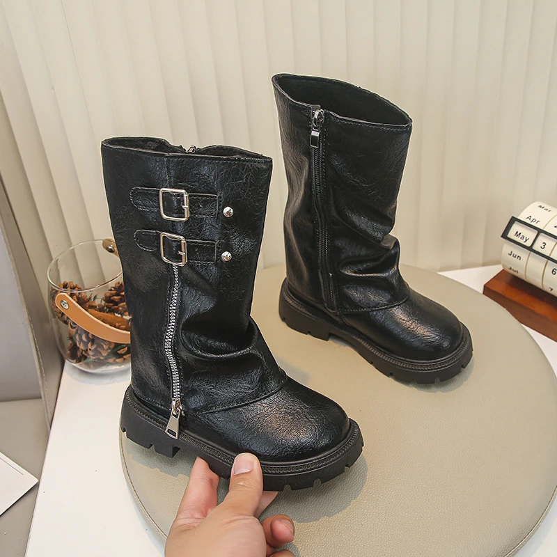 Children's Pu Leather Boots Winter Warm Comfortable Anti Slip Zipper Fashion Kids Knee Boots Girls Outdoor Buckle Princess Boots