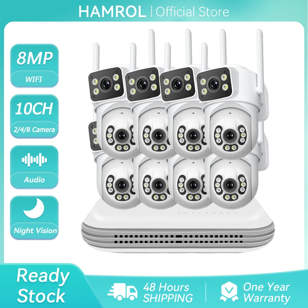10CH Wireless Wifi NVR System 8MP Dual Lens PTZ Outdoor Wifi Camera Two Way Audio Auto Tracking Detection Home Security Kit