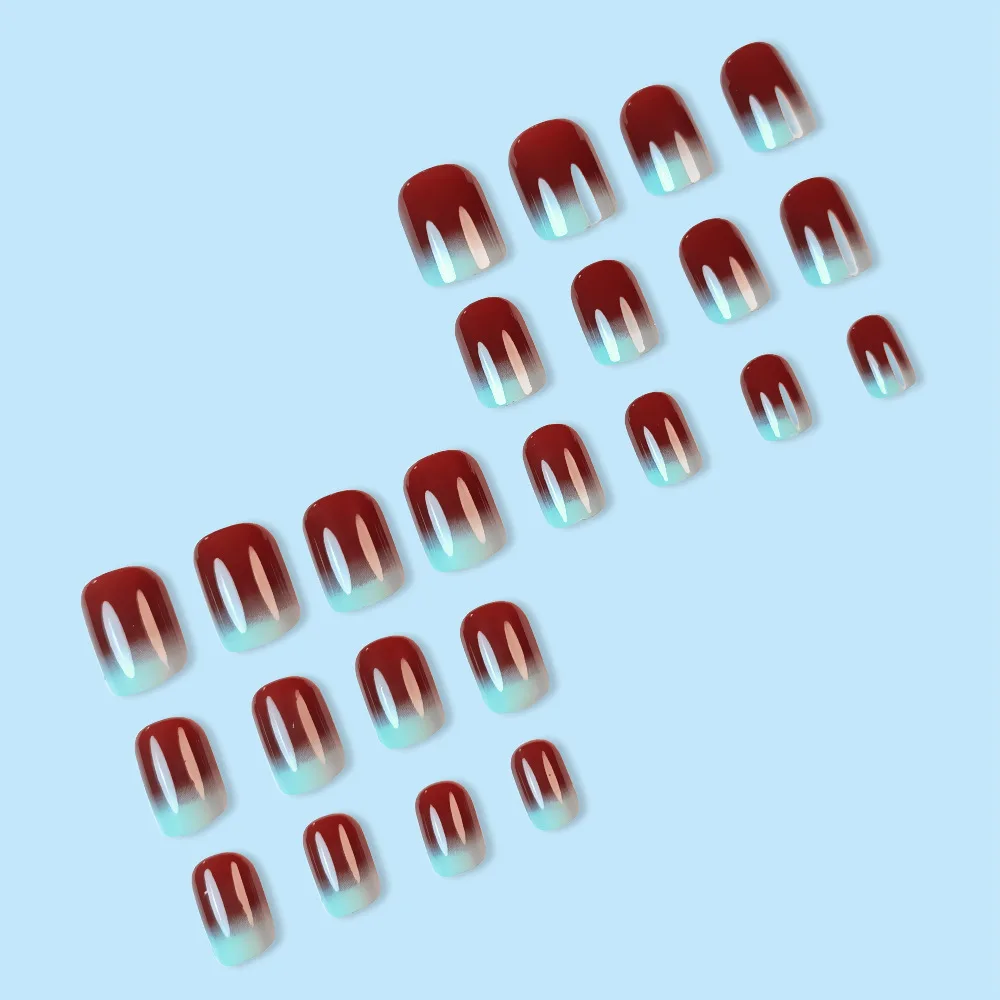 24 pièces Maillard court carré presse sur Falsenails automne hiver Simple bleu dégradé français faux ongles brillant marron Ins manucure