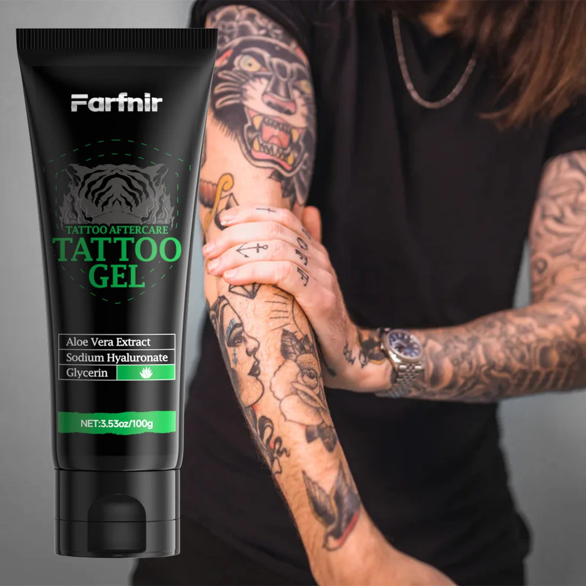 3.53 oz/100 g Tattoo Gel is suitable for deep moisturizing and care after tattooing, and for daily maintenance of tattoo color.