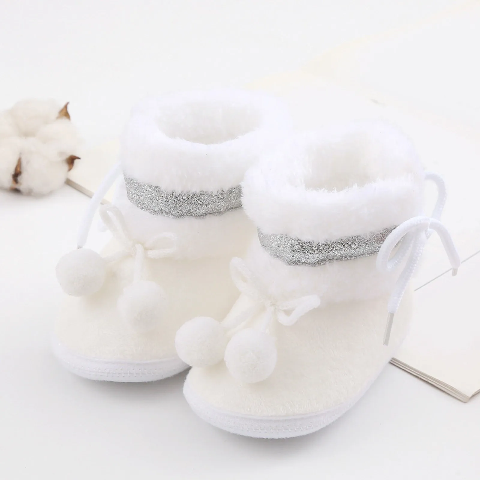 Baby Winter Snow Boots Cute Bear Warm Thicken Fluff Balls Indoor Soft Sole Infant Newborn Toddler Baby Anti Slips Sock Shoes