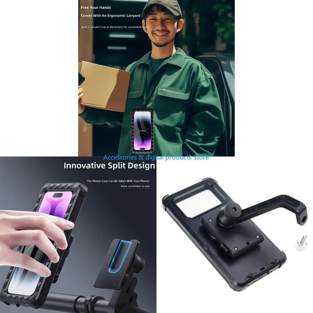 77JD Strong Handlebars Phone Holder with Waterproof Cover & Horizontal Vertical Screens Adjustment Phone Bracket for Cycling