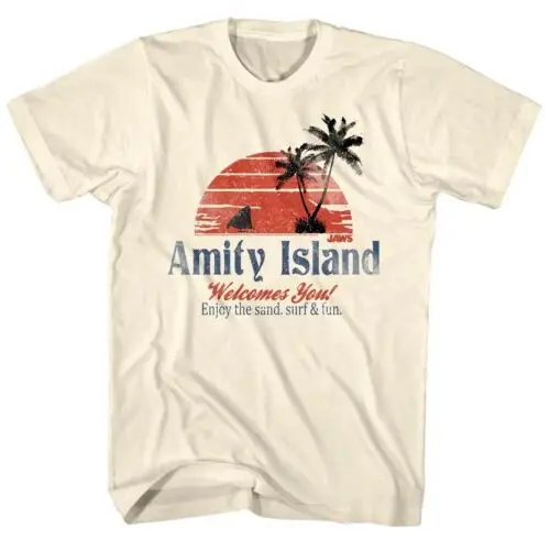 Jaws Vintage Amity Island Men's T-Shirt Welcomes You Shark fin Movie Merchandise