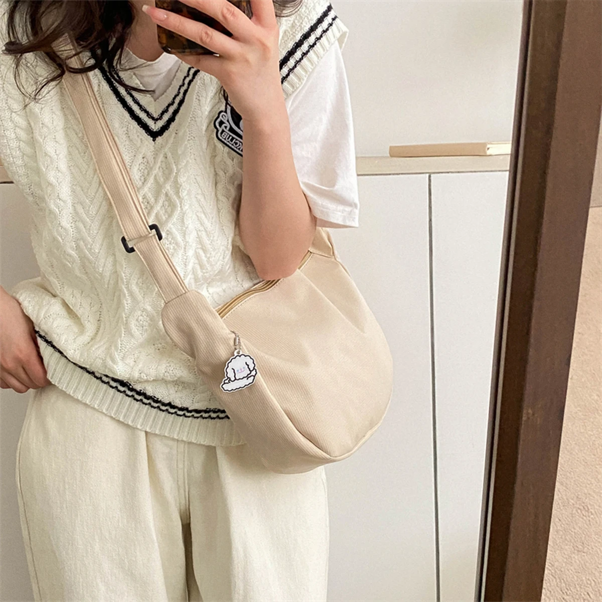 Minimalist Crossbody Bag with Puppy Pendant - Spacious & Stylish Scratch-Resistant Nylon Shoulder Bag  for Daily Essentials image 5