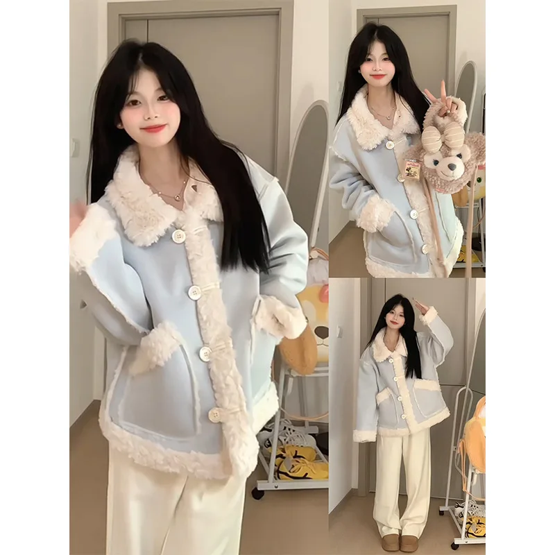 

Blue Furry Thick Coat for Women in Autumn and Winter 2025 New Korean Cotton Clothing with Fur and Wool Integrated with Lamb Wool
